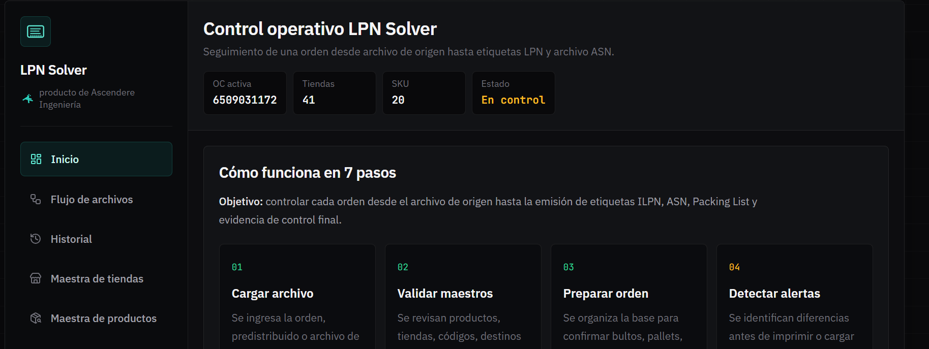 Vista de interfaz LPN Solver con control operativo, estado de orden y flujo de trabajo